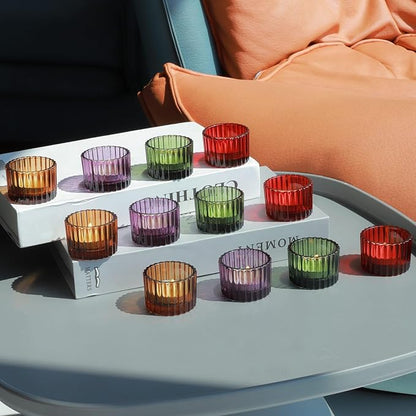 VOHO 24pcs Multicolor Votive Candle Holders for Centerpiece Table Decorations, Ribbed Glass Christmas Candle Holder Gifts for Women, Festive Tealight Candle Holder for Votive/Tea Lights Candles