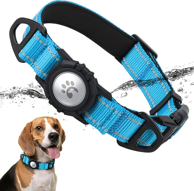 TagME Airtag Dog Collar,Waterproof Reflective Pet Collar with Airtag Holder,Soft Padded and Double D-Rings for Medium Dogs,Light Blue-Mewly Pet