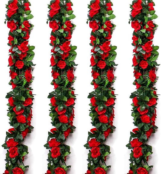 Musdoney 4Pcs 32.2 FT Fake Rose Vine Flowers Plants Artificial Flower Garland Hanging Rose Ivy Home Hotel Office Wedding Party Garden Craft Art Decor (Red)