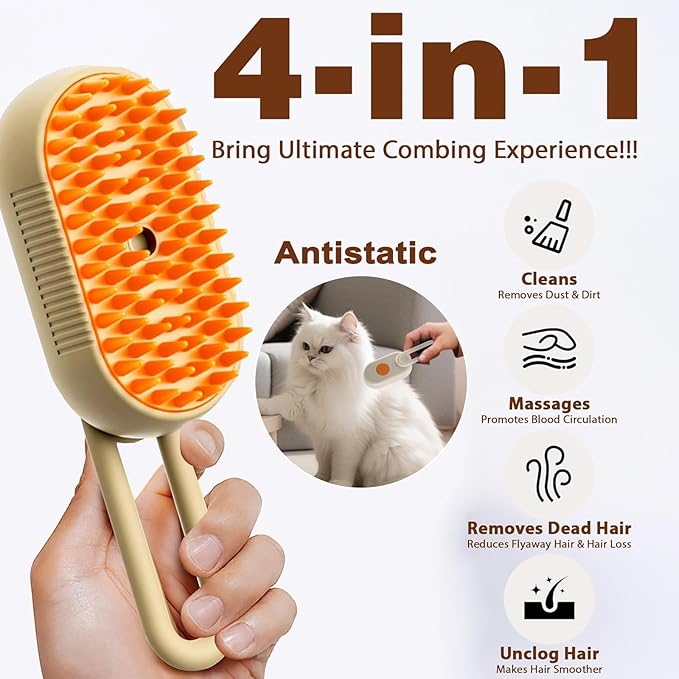 Cat Steam Brush for Shedding, 2025 New 4 in 1 Rechargeable Steam Pet Brushes for Cats & Dogs, Indoor Anti-static Pets Brush for Massage, Cleaning, Shedding & Combing Hair (Beige)-Mewly Pet