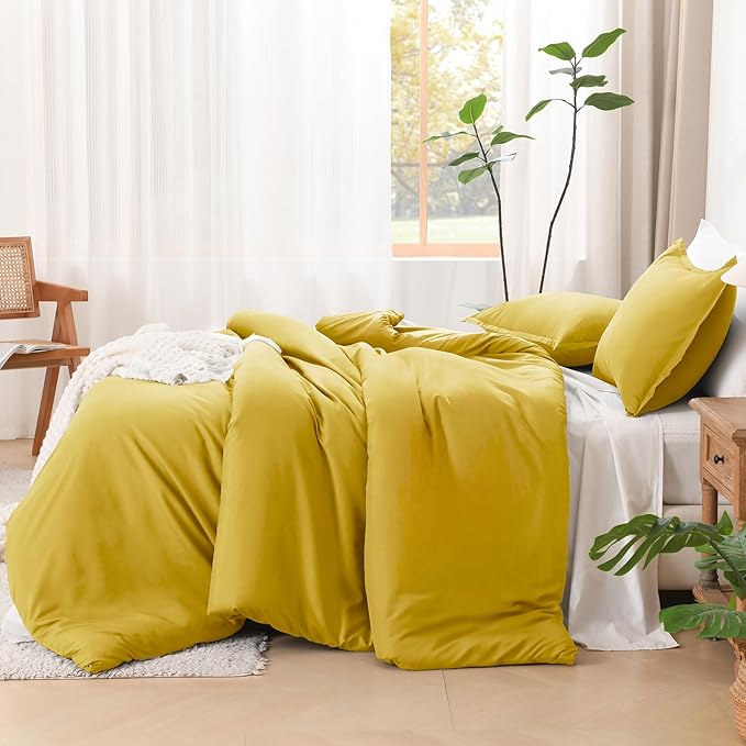 Litanika Mustard Yellow Comforter Set Queen Size, 3 Pieces Lightweight Solid Bedding Comforter Set, All Season Fluffy Bed Set (90x90In Comforter & 2 Pillowcases)
