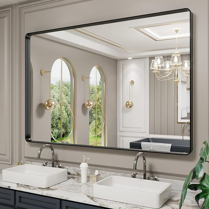 LOAAO 60X40 Inch Black Metal Framed Bathroom Mirror for Wall, Matte Black Bathroom Vanity Mirror Farmhouse, Large Rounded Rectangle Mirror, Anti-Rust, Tempered Glass, Hangs Horizontally or Vertically