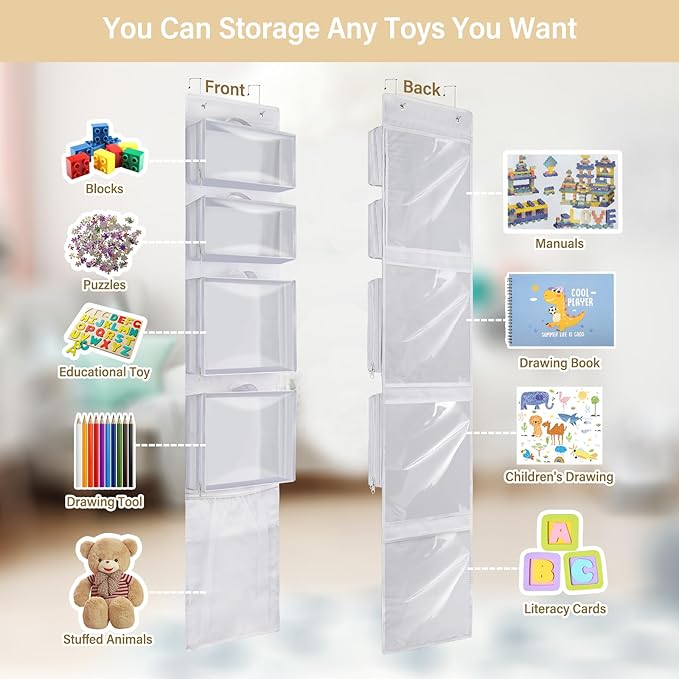 Hanging Toy Storage over Door, Block Stuffed Animal Organizer Idea with 4 Removable Case Bag, Bi-Fold Closet Holder with Mesh Pocket for Kid Boy Girl
