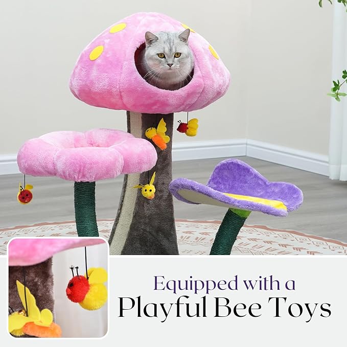 Catry® Wonderland 3-Level 31" Cat Tree with Mushroom Condo, Flower Perch, Sisal Scratching Pad, Parts Replaceable, Garden Style with Bee Toys. Multi- Color-Mewly Pet