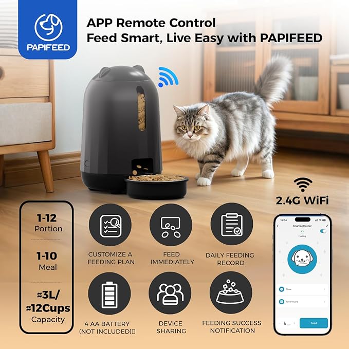 PAPIFEED Automatic Cat Feeder, 2.4G WiFi Auto Cat Food Dispenser with App Control, 3L Auto Pet Feeder with Dual Power Supply, Detachable for Easy Clean for Cats and Small Dogs, Black-Mewly Pet