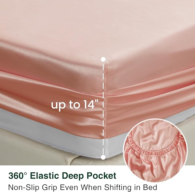 Love's cabin California King Satin Sheet Sets - 4 Piece Coral Silky Sheets Bed Set with Deep Pocket, Luxury Silk Feel Satin Cal King Sheet Set (1 Flat Sheet,1 Fitted Sheet,2 Pillow Cases)