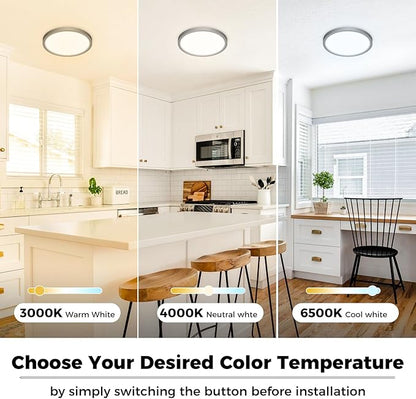 zemty 6Pack LED Ceiling Light Fixture 6.5 Inch, 12W 1200lm Ceiling Mount Light Fixtures, Adjustable 3000K 4000K 6500K, Round Flat Ceiling Lamp for Bathroom Closet Hallway Laundry (Black)