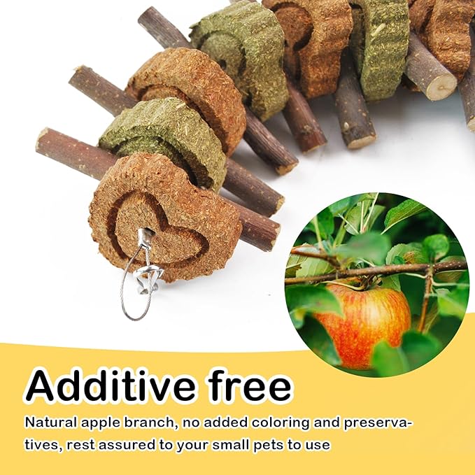 Rabbit Chew Toy,Bunny Chew Toys for Teeth Grinding,Natural Apple Branch Teething Sticks with Hay Grass Cake Improve Dental Health Bunny Hanging Chew Toys for Rabbits,Chinchillas,Hamster (4 Pcs)-Mewly Pet