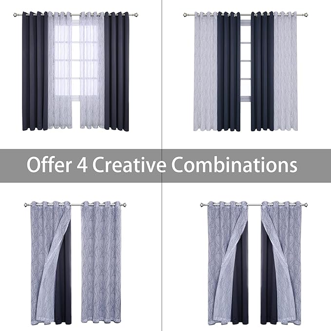 BONZER Mix and Match Curtains - 2 Pieces Branch Print Sheer Curtains and 2 Pieces Blackout Curtains for Bedroom Living Room Grommet Window Drapes, 54x108 Inch/Panel, Grey Dark, Set of 4 Panels