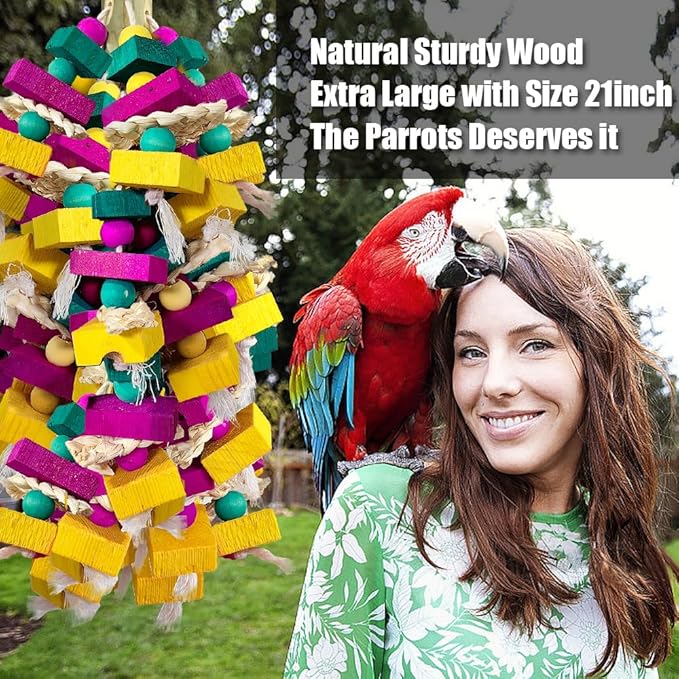 Large Bird Toys, Multi-Color Wooden Block with Bamboo Support Bird Chewing Toy Parrot Cage Bite Toy for Macaws Cokatoos African Grey and Large Medium Parrot Birds-Mewly Pet