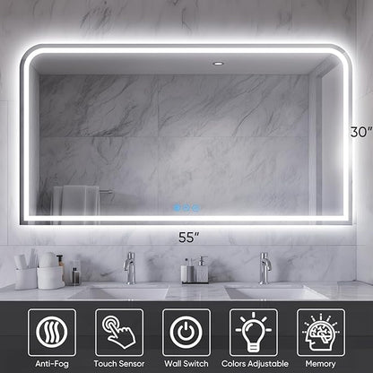 LED Bathroom Mirror, 55"x 30" LED Mirror with Lights for Bathroom, Lighted Vanity Mirrors for Wall, Anti-Fog, Dimmable, Tempered Glass, Memory Function, 3 Colors, Safe Use (White)