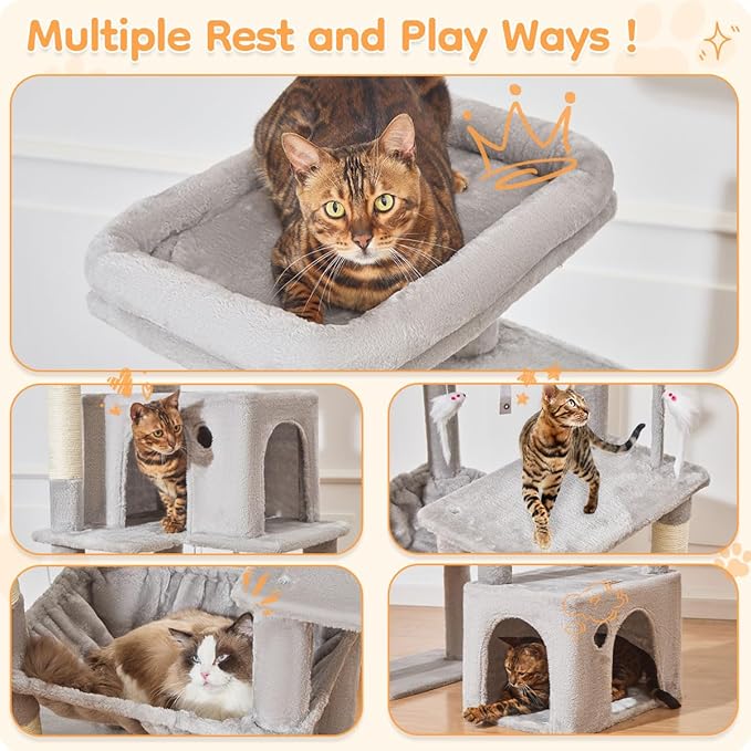 Taoqimiao 71 Inches Cat Tree for Indoor Cats Large Adult, Multi-Level Tall Cat Tower, 2 Cat Condo with 6 Scratching Posts, Super Large Hammcock, Cat Toys, Cozy Basket, Light Gray, MS037W-Mewly Pet
