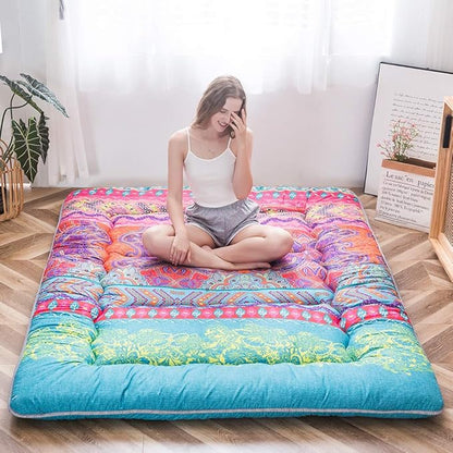 MAXYOYO Bohemian Retro Floor Mattress Boho Floral Style Japanese Futon Tatami Mat Foldable Bed Portable Camping Sleeping Pad Lounger Couch King Size