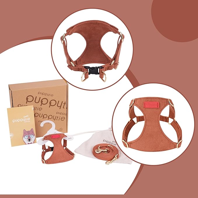 Puppytie No Pull XXS Puppy Harness with Multifunction Dog Leash,Soft Adjustable No Choke Escape Proof Pet Harness Vest,Brown Caramel,XXS-Mewly Pet