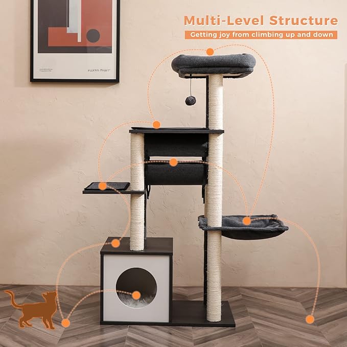 PEQULTI 51.4 Inches Modern Cat Tree Premium 6 Levels Wooden Cat Tower with Fully Sisal Covered Scratching Posts, Cozy Condo, Spacious Perch, Super Large Hammock and Swing Tunnel for Indoor Cats Gray-Mewly Pet