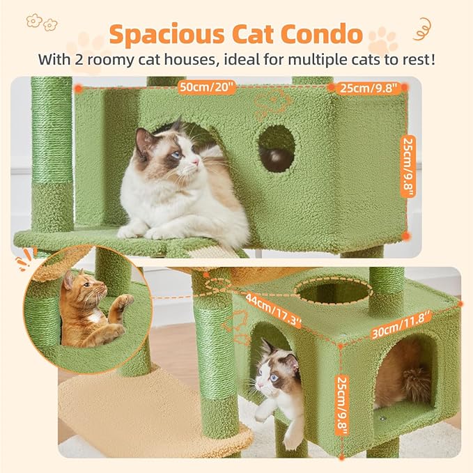 Taoqimiao Cactus Cat Tree, 71-Inch Cat Tower for Indoor Cats Large Adult, Multi-Level Large Cat Condo, 8 Sisal Scratching Posts, Metal Frame Cozy Hammock, Scratch Board, 2 Top Perches, MSC026L-Mewly Pet