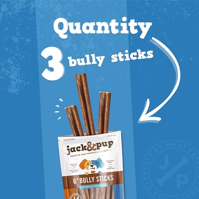 Jack&Pup 6-inch Pizzle Sticks for Dogs (3 Pack) All Natural Jumbo Bully Sticks | Single Ingredient, Long Lasting Bully Sticks for Medium Dogs-Mewly Pet