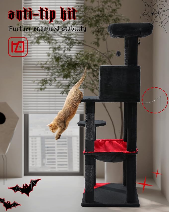 Gothic Cat Tree with Super Large Hammock, 56.3" Black Cat Tower with Coffin Bed, Cat Condo, Sisal Scratching Posts & Top Perch, Multi-Level Goth Cat Tree, Halloween, Black-Mewly Pet