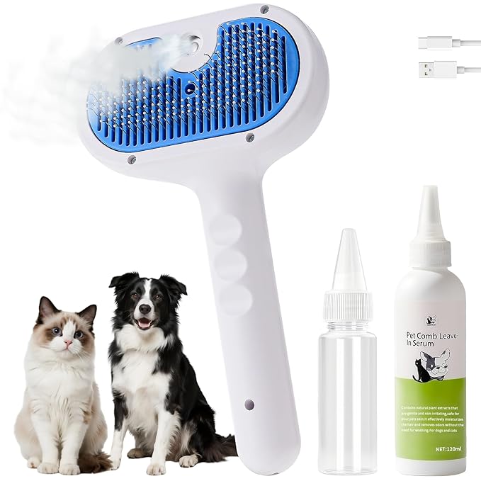 Cat Steam Brush for Shedding,3 In 1 Steam Brush for Dogs & Cats,Spray Hair Removal Comb,Includes Waterless Shampoo,Suitable for Long-haired and Short-haired Pets-Mewly Pet
