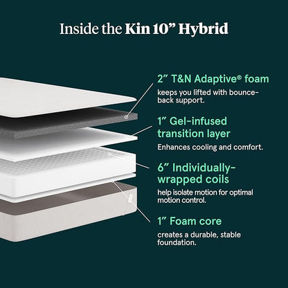 Tuft & Needle Kin Medium Plush 10" Twin Hybrid Mattress, Cooling, Pressure Relief, and Individually-Wrapped Coils, 100 Night Trial, Fiberglass-Free, CertiPUR-US, 10-Year Limited Warranty