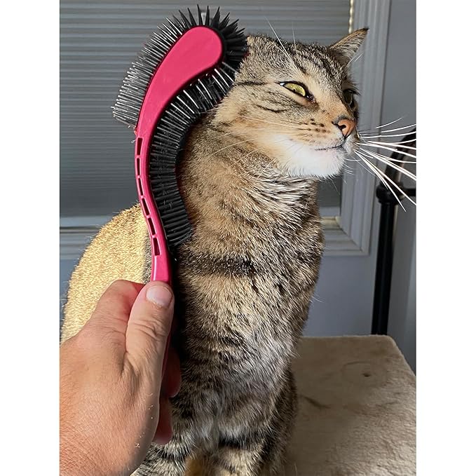 (Pink) Designed for Comfort, Created for Results. This innovative grooming brush features multi contoured bristles that gently adapt to your cats body for a stress-free brushing experience.-Mewly Pet