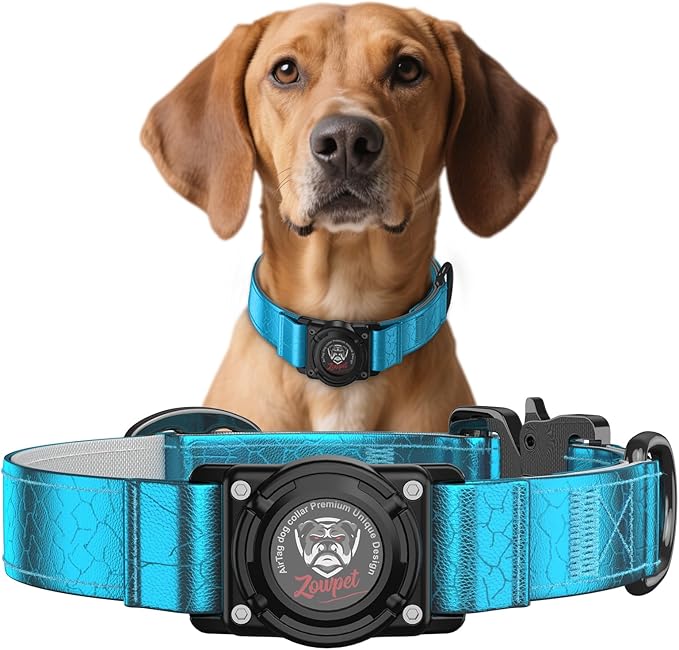 AirTag Dog Collar - Leather Dog Collar with Airtag Holder | IP68 Waterproof AirTag Holder with Metal Buckle, Comfortable GPS Dog Collars Tracker for Medium Large Dogs (Blue, M)-Mewly Pet