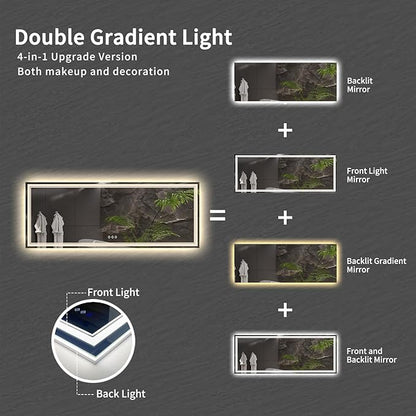 Bathroom Mirror with Lights, 96x36 Inch Gradient Front and Backlit Big Lighted Bathroom Mirror, 3 Colors Dimmable CRI>90 Double Lights, IP54 Enhanced Anti-Fog, Wall Mount LED Mirror