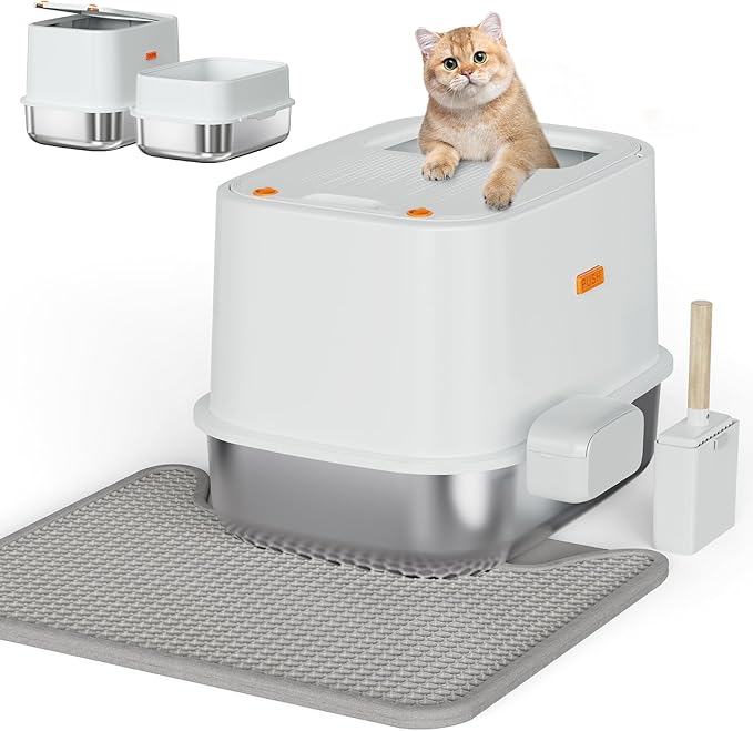 XL Stainless Steel Cat Litter Box Top Entry Extra Large Metal Litter Box with High Side for Big Cats, Multiple Cats, No Odor, Easy to Clean, Anti-Urine Leakage, Dog-Proof, Non-Sticky（Grey）-Mewly Pet