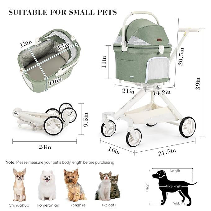 TT Lightweight Pet Stroller for Small Dog&Cat,One-Hand-Fold Pet Travel Stroller with Canopy and Cup Holder, 4-Way Convertible Carrier.Green-Mewly Pet