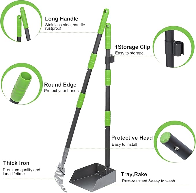 Niubya Pooper Scooper for Dogs, Metal Poop Scooper Tray and Rake Set with Adjustable Long Handle, Dog Pooper Scooper for Pet Waste Removal-Mewly Pet