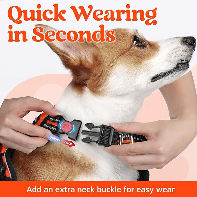 rabbitgoo Dog Harness for Large Dogs, No Pull Pet Vest with 3 Buckles, Adjustable Soft Padded Pet Harness with Easy Control Handle and Reflective Strips, Orange, L-Mewly Pet
