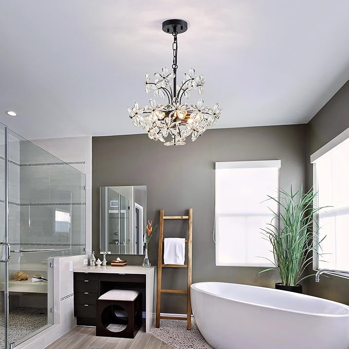 WUZUPS Crystal Chandelier Pendant Flushmount Ceiling Light Modern Lighting Fixture for Bedroom Hallway Bar Kitchen Bathroom, H 15.7" x W 17.7", Black, E12 Base