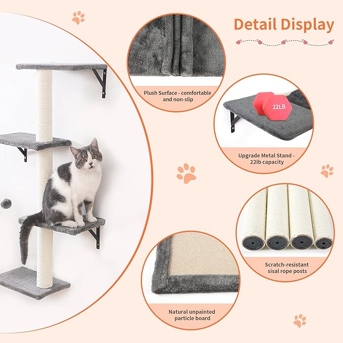 Modern Wall-Mounted Cat Furniture - 5pcs Cat Wall Shelves, Wooden Climber Includes House, Bridge, Tree, Steps, and Scratcher (Gray)-Mewly Pet