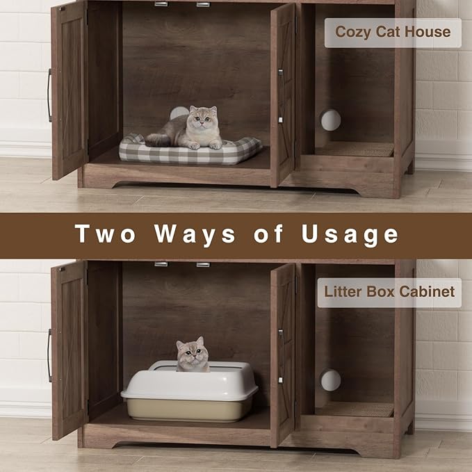 Cat Litter Box Enclosure, Hidden Litter Box Furniture with Scratch Pad, Farmhouse Indoor Cat House Washroom End Table, Retro Brown-Mewly Pet