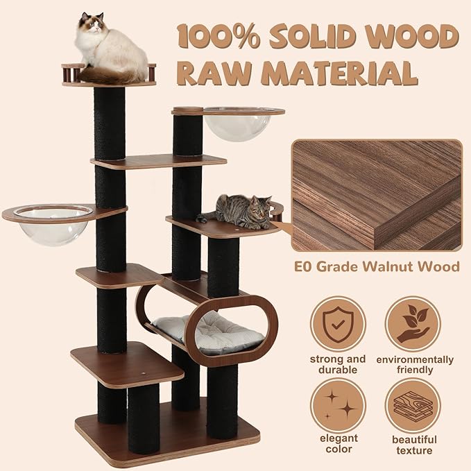 70.8'' Tall Luxury Cat Tree,All i,ne One Black Walnut Wood Modern Cat Tower for Indoor Large,Huge Multi-Level Cat Furniture with Scratching Posts,Condo,Cushion,Clear Bowl,Platform for Home Decoration-Mewly Pet