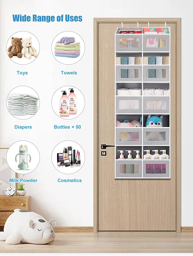 Over the Door Organizer - 10 Compartments, 80 lbs Load Behind Door Storage, Extra Large Hanging Storage Organization, Door Hanging Organizer for Bedroom, Bathroom, Nursery, Shoes, Diaper, Grey