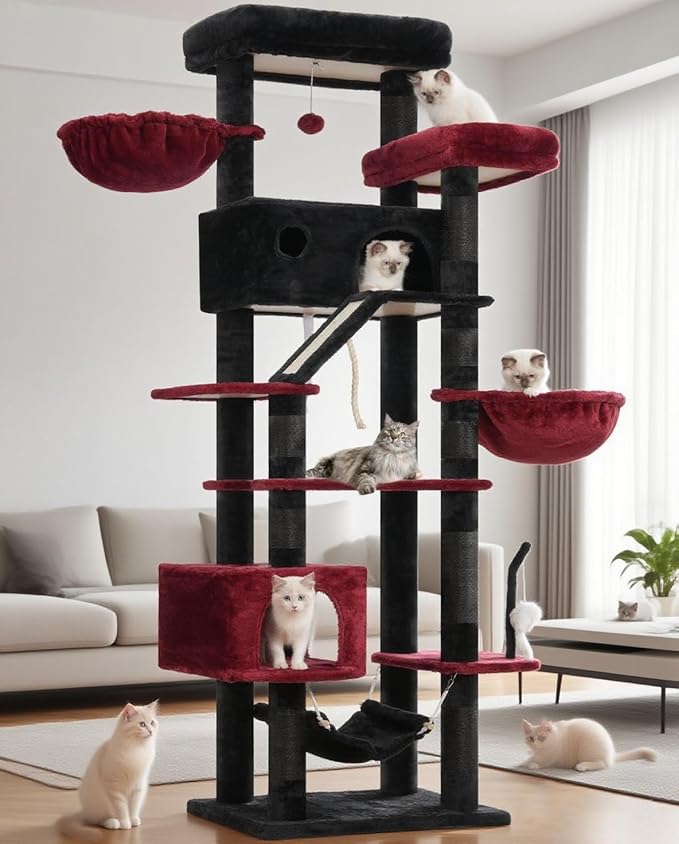 Gothic Cat Tree for Large Cats, 78.7"(200cm) Tall Cat Tower for Indoor Cats Multiple Cats with Large Top Perch, Cat Condo, Cat Hammcok, Cat Scratching Post, Black and Red GCT031BR-Mewly Pet