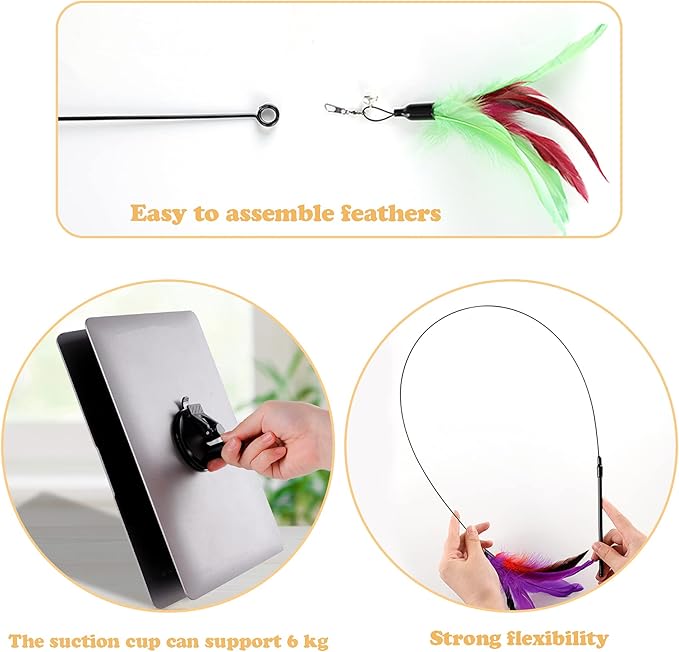 Cat Feather Toys Interactive Cats - Dorakitten Cat Powerful Suction Cup Handheld Teaser Wand Toy and 5PCS Replacement Feather with Bell for Kitty Kitten Scratching Exercise Indoor-Mewly Pet