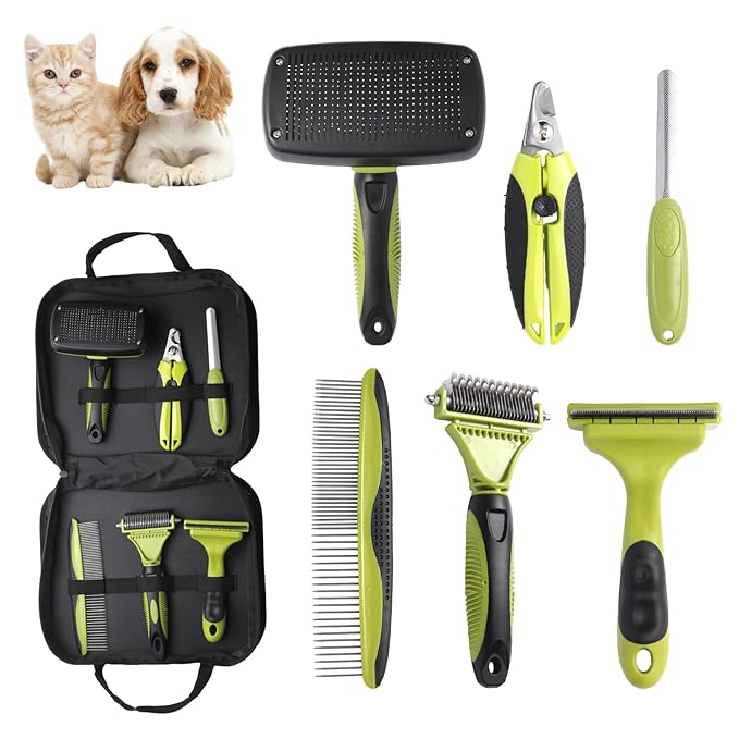 6 PCS Dog and Cat Grooming Kit, Versatile Tools Including Shedding Brush, Nail Clipper with Nail File, Slicker Brush, Dematting Comb-Mewly Pet