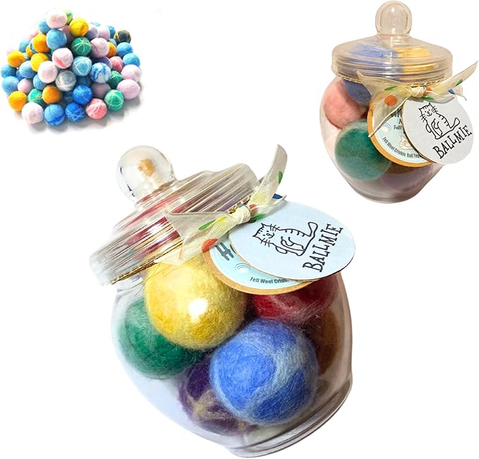 Felt Wool Cat Toys Ball with Catnip and Bell, Natural Handmade cat Toys Ferret Toys cat Gift Basket (Felt Wool Mixed in Jar)-Mewly Pet