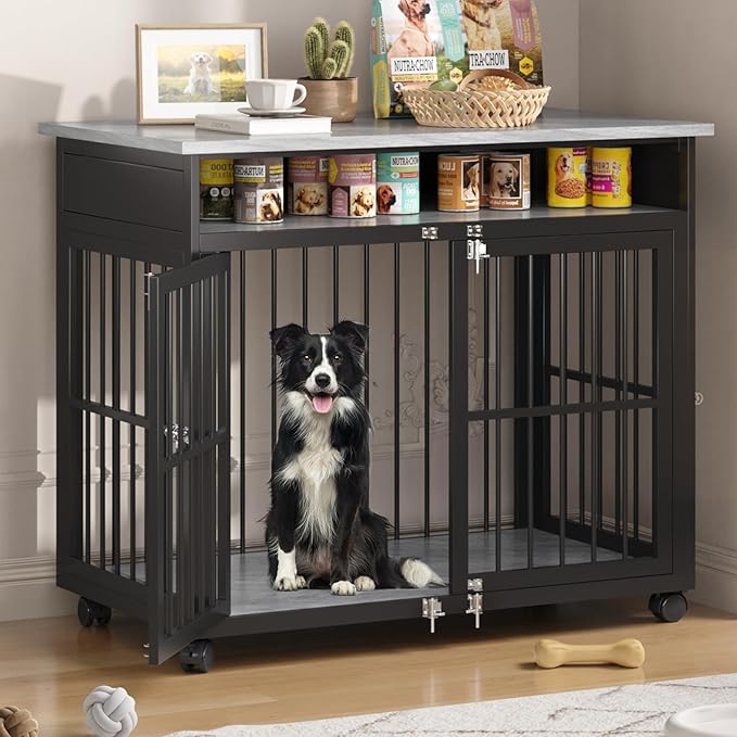 39.4" Dog Crate Furniture for Medium and Large Breed, Dog Kennel Furniture with Storage Shelf & Lockable Wheels, Heavy Duty Wooden End Side Table Pet Cage Indoor, Chew-Resistant, Grey-Mewly Pet