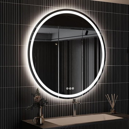 ROOMTEC LED Mirror,28" Round Backlit & Front-lit Vanity, Adjustable 3000K/4000K/6000K, Anti-Fog, Smart Touch, Stepless Dimmable