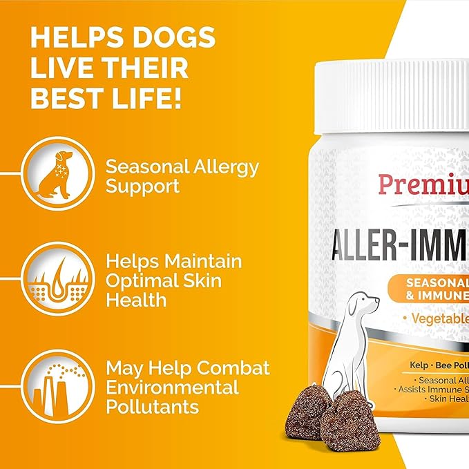 PREMIUM CARE Itch Relief for Dogs - 120 Allergy Chews for Dogs - Anti Itch Seasonal Support for Pets Itchy Skin Relief Skin Health Support with Colostrum, Vitamin C, Omega and Bee Pollen-Mewly Pet