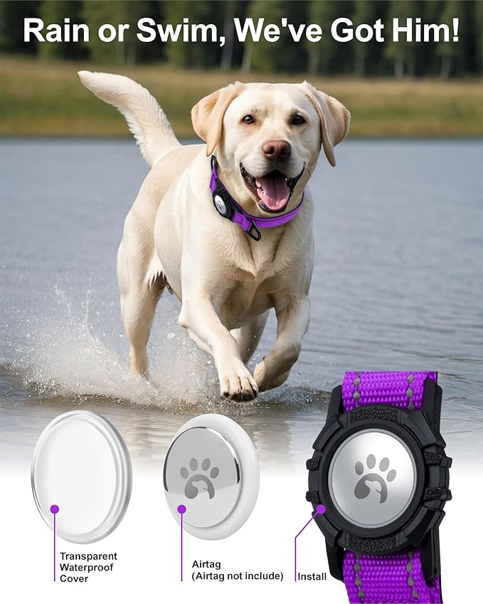 TagME Airtag Dog Collar,Waterproof Reflective Pet Collar with Airtag Holder,Soft Padded and Double D-Rings for Extra Large Dogs,Purple-Mewly Pet