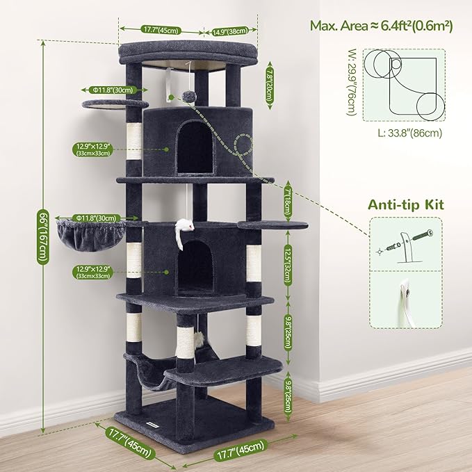 Globlazer Corner Cat Tree for Large Cats, 66inch Tall Curved Series Large Cat Tower for Multiple Indoor Cats with 6 Scratching Posts, 2 Spacious Cat Condos, Hammock, Hanging Basket, C66, Dark Grey-Mewly Pet