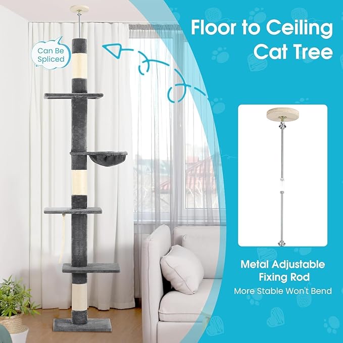 Cat Tree 5-Tier Floor to Ceiling, 89-109 Inch Adjustable Height Cat Tower with Cozy Hammock, Cat Climbing Tree for Indoor Cats, Darkgrey-Mewly Pet