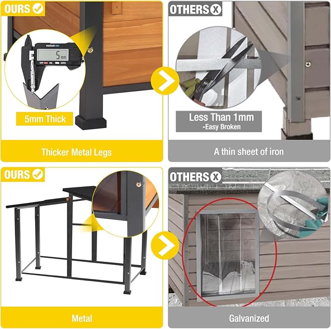 Chew-Resistant Dog House with Metal Frame, Wooden Kennel for Indoor & Outdoor Use, Waterproof Roof & Feeding Bowls Included (Wood, L-in)-Mewly Pet