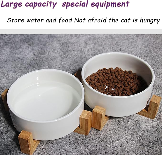 Petygooing White Ceramic Cat Dog Bowl Set with Stand,Small Dog Bowls,Pet Food and Water Dish, Anti Slip Set of 2 Cat Bowls Pet Food Bowl- Pet Dish Small Size Pet (13.5OZ/5.1 in)-Mewly Pet