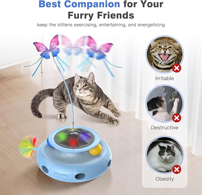Automatic Interactive Cat Toys for Indoor Cats & Bored Adults - Kitten Toys with Fluttering Butterfly, Ambush Feather & Track Balls - Exercise & Stimulation for Playful Cats (Sky Blue)-Mewly Pet