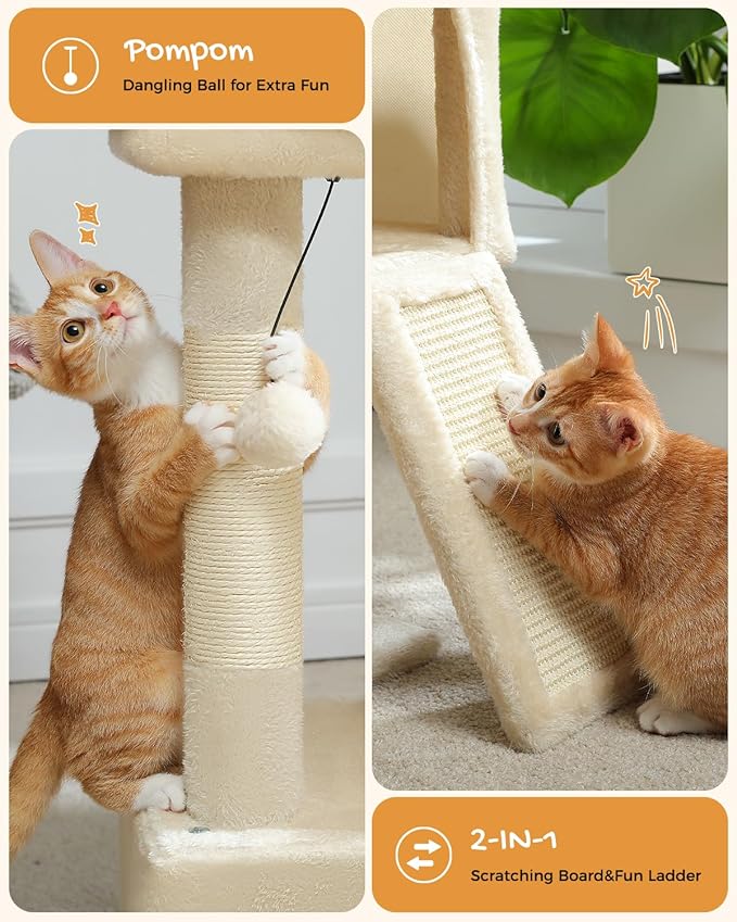 PAWZ Road Cat Tree, 30 Inches Cat Tower with Dual Condos for Indoor Cats, Plush Cat House with Padded Perch, Scratching Ramp and Posts and Replaceable Balls-Beige-Mewly Pet